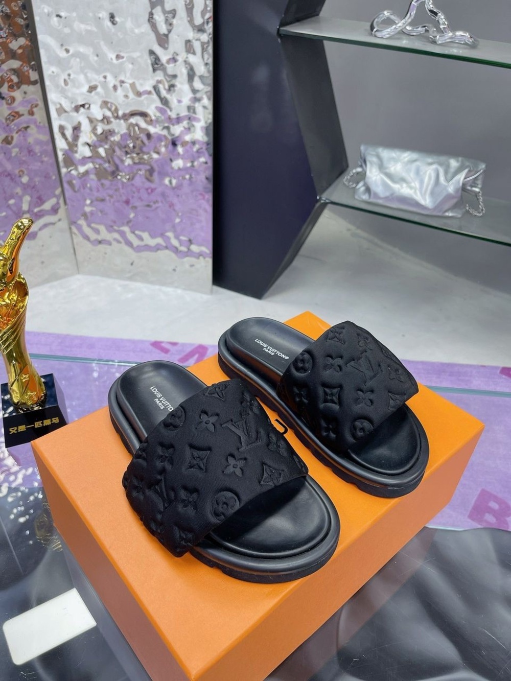 Louis Vuitton Black Monogram Padded Slide Sandals - Picture 3 of 8